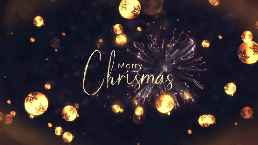Merry Christmas golden text shine light animation with beautiful gold snowflakes and flare light burst cinematic title abstract background. New year title intro festival decorate celebrate.