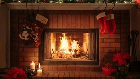 Cozy Brick Fireplace with Christmas Decorations. Festive Evening, Night. Winter Holidays. Candlelight. Happy New Year. Light Garland. Gift Boxes. Happy Socks. Eve. Close-Up Shot, Looped video, 4K. - Powered by Shutterstock - Get 15% off with code: PIKWIZARD15