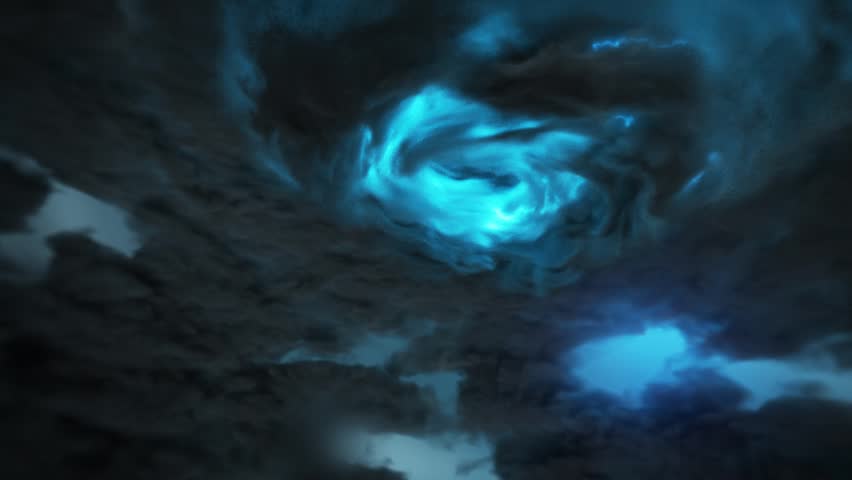 Black storm clouds accompanied by wind and lightning formed a circle of tunnels. Fantasy nebula swirl vortex maelstrom loop. Concept 3D animation of modern spirituality hypnosis