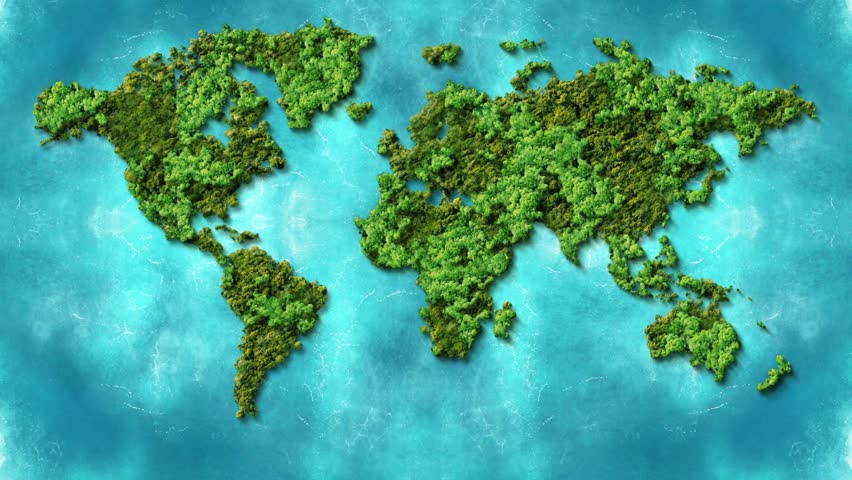 Green World Map- 3D tree or forest shape of world map isolated on white background. World Map Green Planet Earth Day or Environment day Concept. Green earth with electric car. Paris agreement concept.