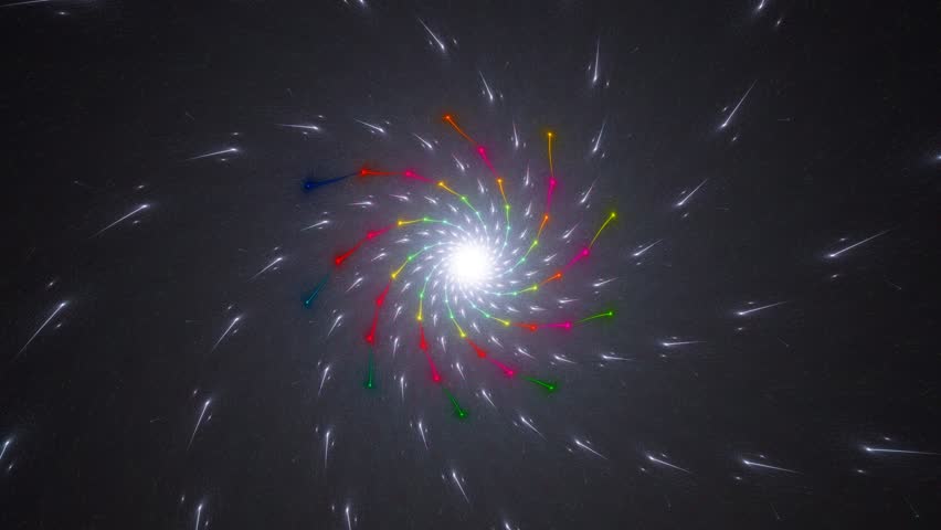 Luminous glowing particles radiating from centre and converging to it, making vivid helix, whirlpool. Continuous whirling, rotation, pulsation on dark. Catherine wheel. 4K UHD 4096x2304 Royalty-Free Stock Footage #3399284583