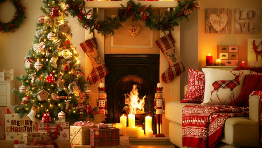 Cozy Living Room with Fireplace and Armchair. Homey country setting. Gift Boxes under the Christmas Tree. Winter Holidays. Presents. Pillows. Happy Socks. Happy New Year. Xmas Wreath. Eve. Loop video. Royalty-Free Stock Footage #3399287757