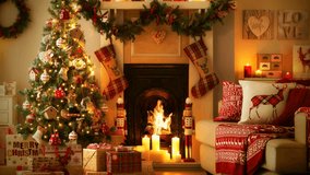 Cozy Living Room with Fireplace and Armchair. Homey country setting. Gift Boxes under the Christmas Tree. Winter Holidays. Presents. Pillows. Happy Socks. Happy New Year. Xmas Wreath. Eve. Loop video.