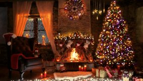 Cozy Living Room with a Fireplace and Leather Armchair. Gift Boxes under the Christmas tree. Snowing Outside Window. Night, Evening. Light Garland. Gifts Socks. Happy New Year. Xmas. Eve. Relaxing. 4K - Powered by Shutterstock - Get 15% off with code: PIKWIZARD15