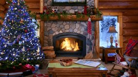 Cozy Room with Fireplace in a Woodland Cabin. Decorated Christmas Tree. Forest Hut. Winter Holidays. Snowing Outside Window. Snowfall, Blizzard. Garlands. Gift Box. Happy New Year. Eve. Loop video, 4K - Powered by Shutterstock - Get 15% off with code: PIKWIZARD15