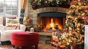 Christmas Cozy Living Room with Fireplace and Armchair. Snowing Outside Window. Snowfall, Blizzard. Gift Boxes under the Christmas tree. Garlands. Present. Happy New Year. Eve. Ski Resort. Loop video.