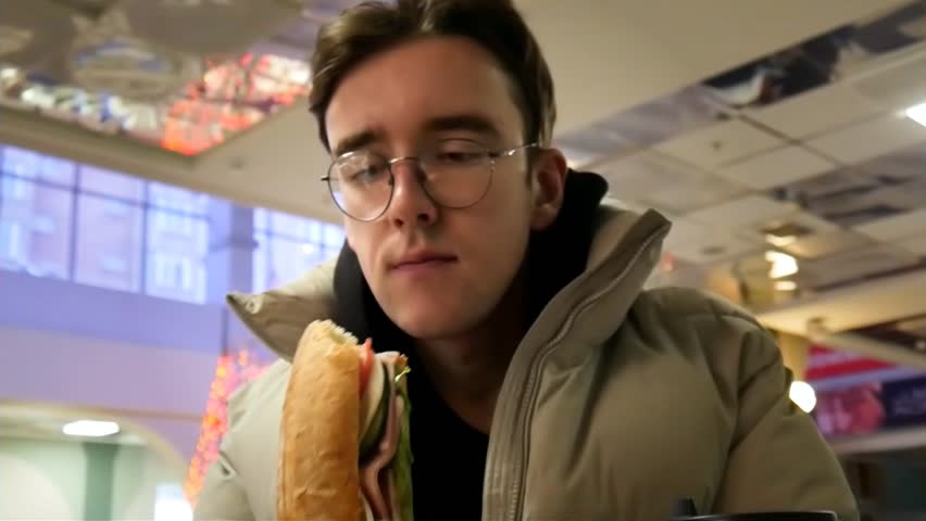 A young man biting a big tasty sandwitch in a fast food restaurant