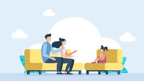 Education and training of a child. Happy family smiling sitting on a couch. Joyful parents and children spend time together at home. Parents raise and teach their daughter. 2d flat animation. Cartoon