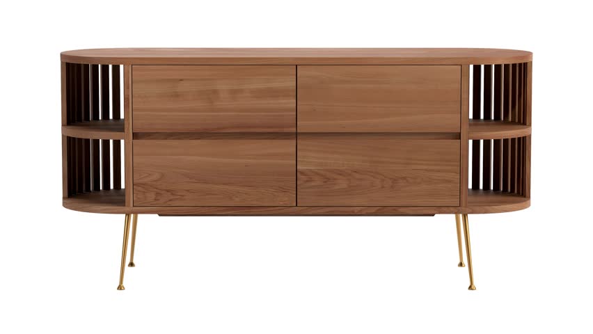 Circular animation of wooden cabinet with retractable shelves. Wooden chest of drawers with wooden doors on the legs. Close position. Sideboard on white background. Mid-century, Loft, Chalet, Scandina