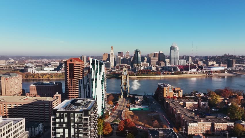 Aerial footage of The John A. Roebling Bridge coming Covington, Kentucky, looking at downtown Cincinnati, Ohio.
