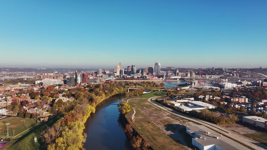 Aerial view of Cincinnati, Ohio from Kentucky over a river with views of Covington and Keyesport.