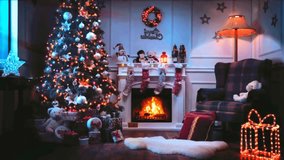 In the serene forest, a Christmas tree stands tall, its branches adorned with twinkling lights and ornaments, creating a mesmerizing spectacle against the falling snow. stock video...