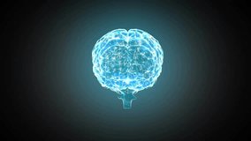 Animation of glowing blue brain over mathematical equations on dark background. Data, research, science, learning, mathematics and global communication, digitally generated video.