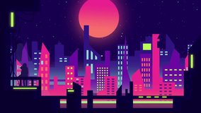 Animation of night cyberpunk city on neon color