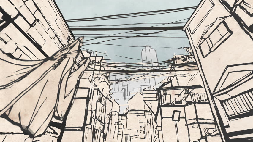 Cityscape of Mumbai animated like a cartoon. Camera pan