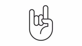 2D black simple thin line animation of horn sign icon, HD video with transparent background, seamless loop 4K video representing hand gesture.