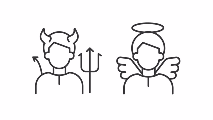 2D black simple thin line animation of angel and demon icon, HD video with transparent background, seamless loop 4K video representing archetypes.