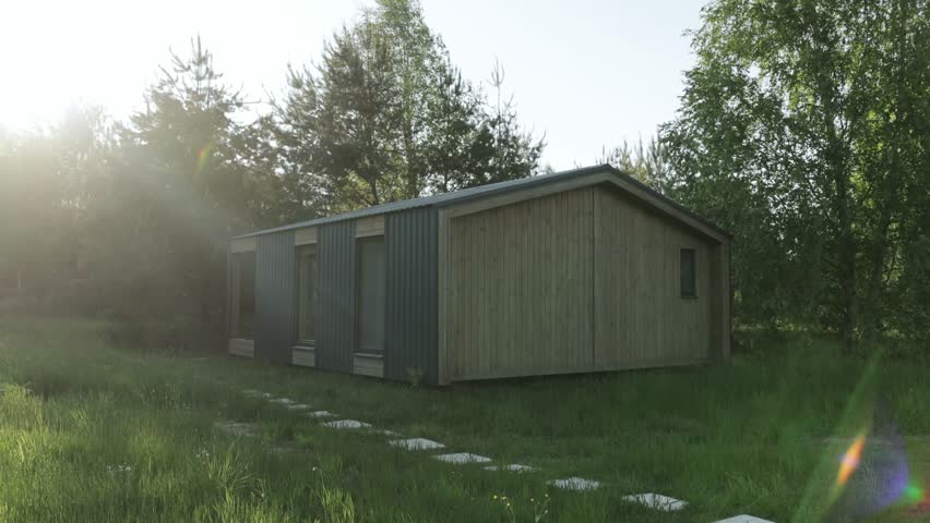 Tiny wooden house from back in morning forest POV from the back, sunny bunnies in the camera, green grass, sun rays on top of the trees. Cozy wooden house, slow motion.