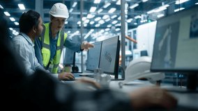 Factory Office: Indian Male Industrial Designer Showing Transmission 3D Render To Caucasian Female Process Engineer On Desktop Computer. Automated Robot Arm Assembly Line Manufacturing Equipment. - Powered by Shutterstock - Get 15% off with code: PIKWIZARD15