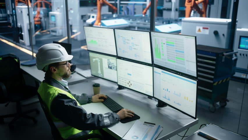 Caucasian Male Process Engineer Using Multi Monitor Workstation To Control Production Of Industrial Machinery on Autonomous Assembly Line With Robotic Arms. Man Adjusting Manufacturing Processes. Royalty-Free Stock Footage #3399741905