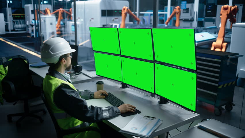 Caucasian Male Autonomous Assembly Line Operator Using Multi Monitor Workstation With Green Screen Chromakey On Displays To Monitor And Control Production Of Modern Electronics With Robotic Arms. Royalty-Free Stock Footage #3399741973
