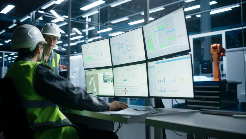 Caucasian Male Process Engineer Using Multi Monitor Workstation And Talking To Female Quality Control Technician At Electronics Factory. Colleagues Monitoring Autonomous Assembly Line With Robot Arms. Royalty-Free Stock Footage #3399742291