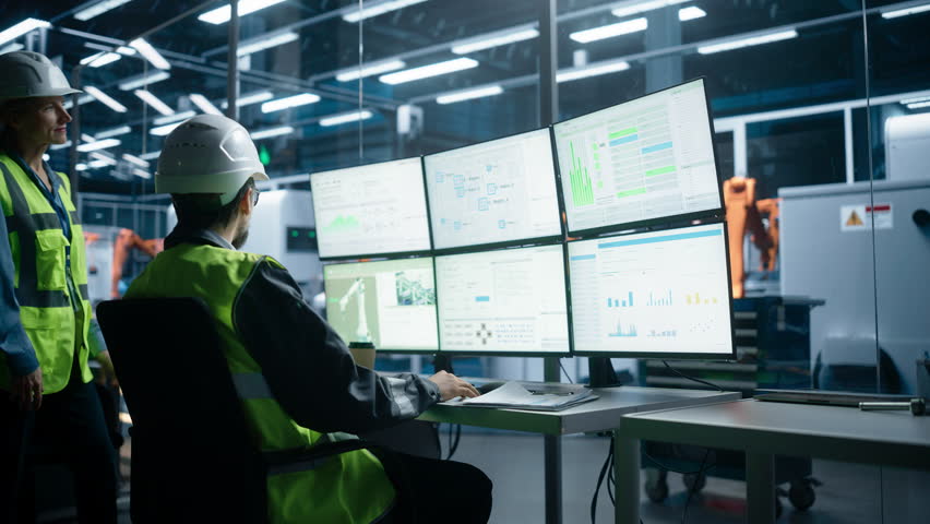 Caucasian Male Process Engineer Using Multi Monitor Workstation And Talking To Female Supervisor At Industrial Machinery Factory. Colleagues Monitoring Autonomous Assembly Line With Robotic Arms. Royalty-Free Stock Footage #3399742895