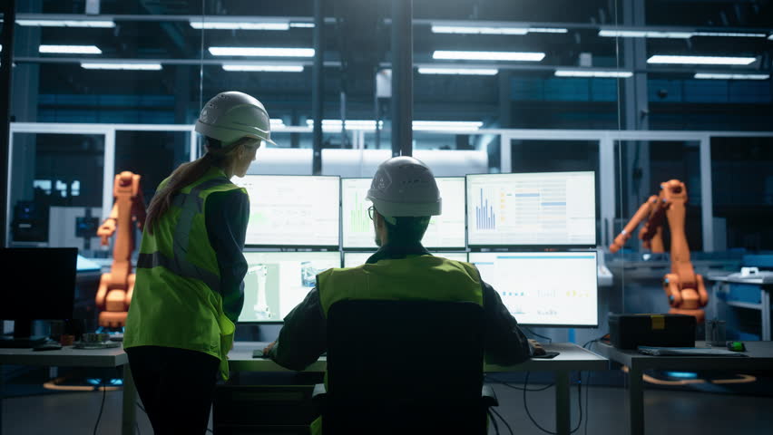 Caucasian Male Engineer Using Multi Monitor Workstation And Talking To Female Production Supervisor At Electronics Factory. Colleagues Monitoring Autonomous Assembly Line With Robotic Arms. Back View Royalty-Free Stock Footage #3399743473