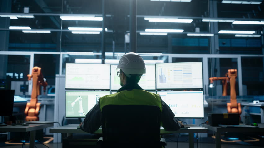 Backview To Close Up Of Caucasian Male Engineer Using Multi Monitor Workstation To Control Production Of Machinery on Autonomous Assembly Line With Robotic Arms. Cinematic Arc SHot Royalty-Free Stock Footage #3399743549