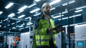 Thoughtful Hispanic Male Engineer Walking with a Tablet Computer, Monitoring Conditions at an Automated Industrial Machinery Assembly Line with Robotic Hands Powered By Artificial Intelligence. - Powered by Shutterstock - Get 15% off with code: PIKWIZARD15