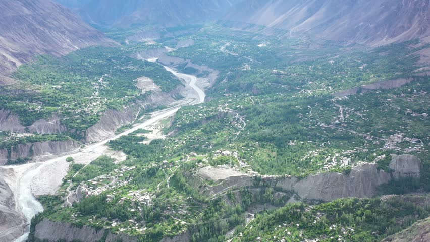 A high drone of the valley of Hunza in the northern part of the Gilgit-Baltistan region of Pakistan