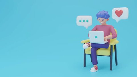 Young smiling man working on a laptop computer. Content filling, content management and social media concept. 3d young man sitting on a chair with PC. Cartoon minimal style. 3D looping animation movie – Video có sẵn