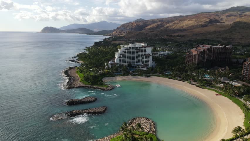 An aerial drone footage of Ko'olina Resort during daytime in Hawaii