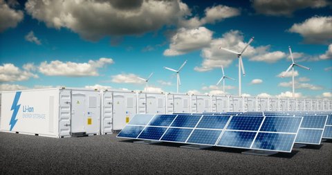 Concept of energy storage system. Concept of energy storage system. Renewable energy power plants - photovoltaics, wind turbine farm and  battery container. 3d rendering clip.