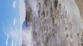 Fumaroles in Hverir Geothermal Area. Namafjall. Iceland. Slow Motion. Vertical Video