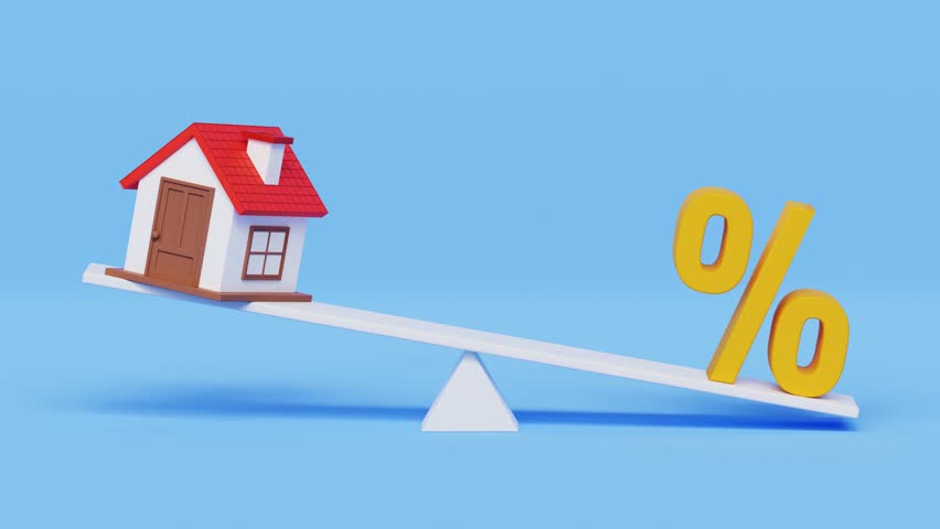 Mortgage payment concept. Investment opportunity, house loan, housing prices increase, interest rate loan payment, financial risk. House and mortgage interest rate percentage. 4k 3d loop animation Royalty-Free Stock Footage #3399910793