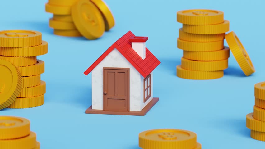 Earning and saving money for house. Future property investments. Mortgage and loan for real estate. 3D house with golden coins stacks. 4k 3d animation Royalty-Free Stock Footage #3399911489