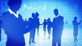 Crowd of business people. Silhouette of businessman and businesswoman shaking hands. Finance graph on blue background - Powered by Shutterstock - Get 15% off with code: PIKWIZARD15