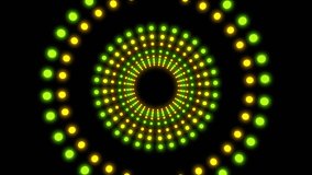 Abstract background with yellow green circular ring shape neon tunnel spots lights neon zooming corridor vj stage backlight show  animation. Glamour video template for fashion event. Seamless loop 4k 