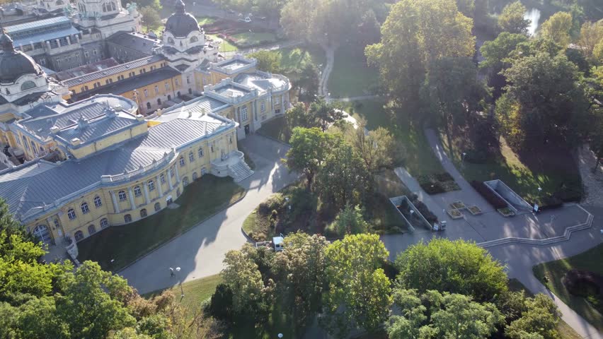 Szechenyi thermal baths in Budapest, largest spa baths in Europe. Aerial