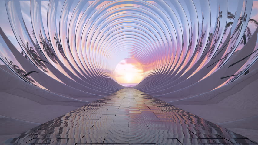 Peaceful landscape with passway through glass arches. 3D render animation