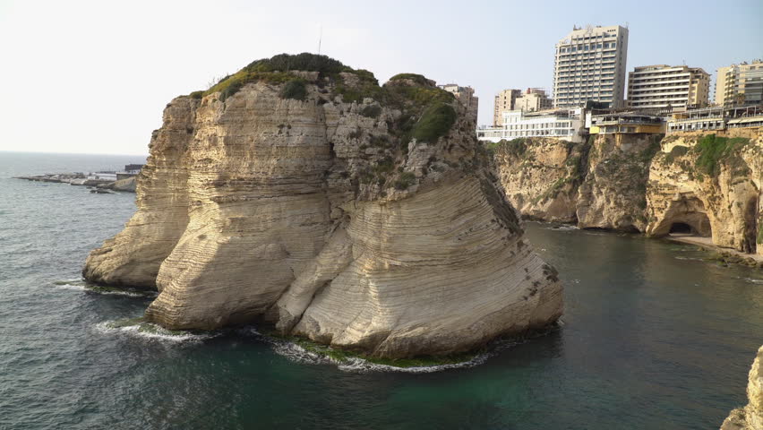 Captivating footage of the Pigeon Rocks, a stone formation situated near the coast of Raouche neighborhood of Beirut, Lebanon