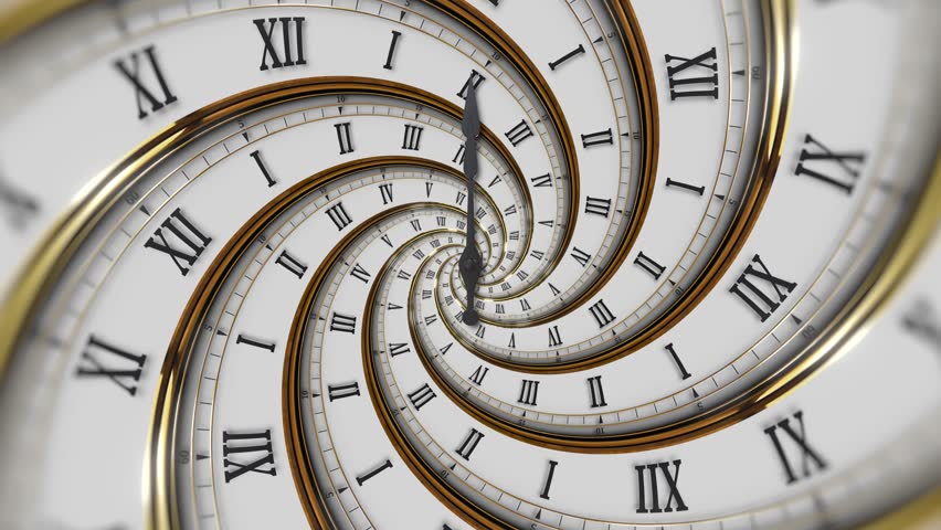 Abstract modern white spiral clock dial with roman numerals. Concept of Infinite time, deadline, scheduling, time and space, past, present and future. 3D Illustration