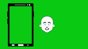video drawing animation icon smartphone device scanning bald man head, facial recognition concept. Drawn in black and white color. On green background