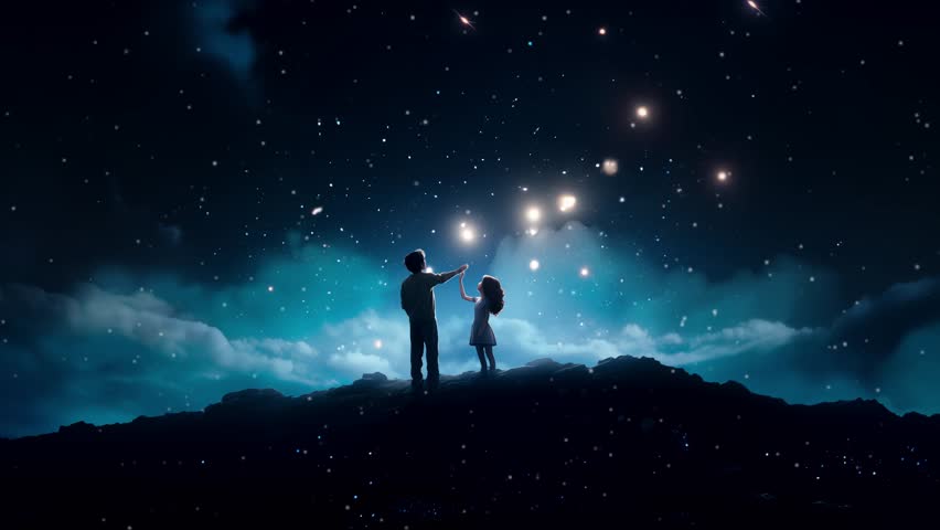 a young couple watch falling star in night, romantic moment video background