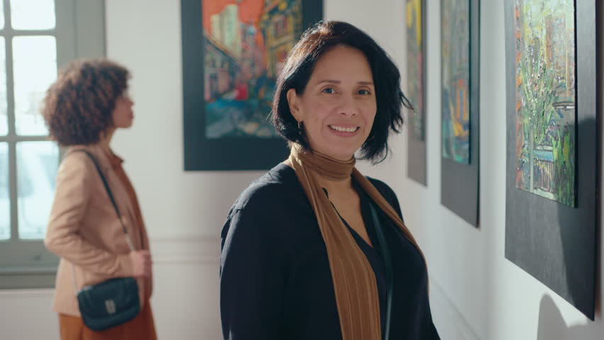 Beautiful mature woman with brunette hair standing beside painting in an art gallery, looking at camera and happily smiling. Video portrait, medium shot Royalty-Free Stock Footage #3400183051