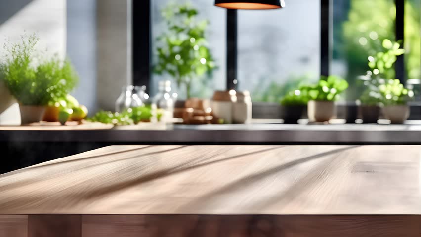 Striking kitchen environment for product promotions, highlighting shifting natural light, a sophisticated wooden table, and fashionable plant arrangements in a modern culinary context. 4k

 Royalty-Free Stock Footage #3400187595