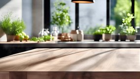 Striking kitchen environment for product promotions, highlighting shifting natural light, a sophisticated wooden table, and fashionable plant arrangements in a modern culinary context. 4k

 - Powered by Shutterstock - Get 15% off with code: PIKWIZARD15