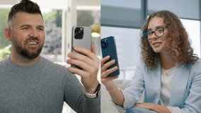 Two positive persons using smartphone talking to front mobile camera online. Young smiling curly woman communicating with boyfriend or husband by selfie video call. Middle aged man speaking to screen