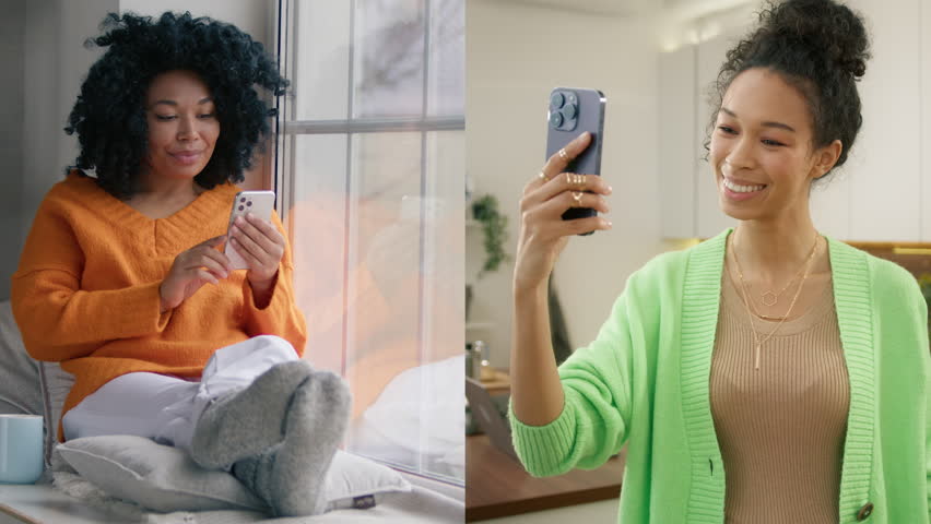 Two young african american girls waving hand hello using smartphone talking to front camera on mobile phone online. Women of color on selfie call communicating with friend on split screen video call Royalty-Free Stock Footage #3400231977